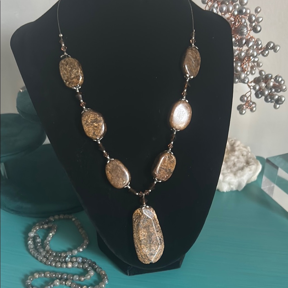 Artisan Chunky Bronzite Brown Gemstone Statement Mixed Bead Handcrafted Necklace